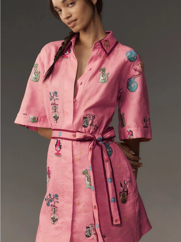 Alemais Nadia Hernandez Timmy Belted Embroidered Linen Shirt Dress Womens 4